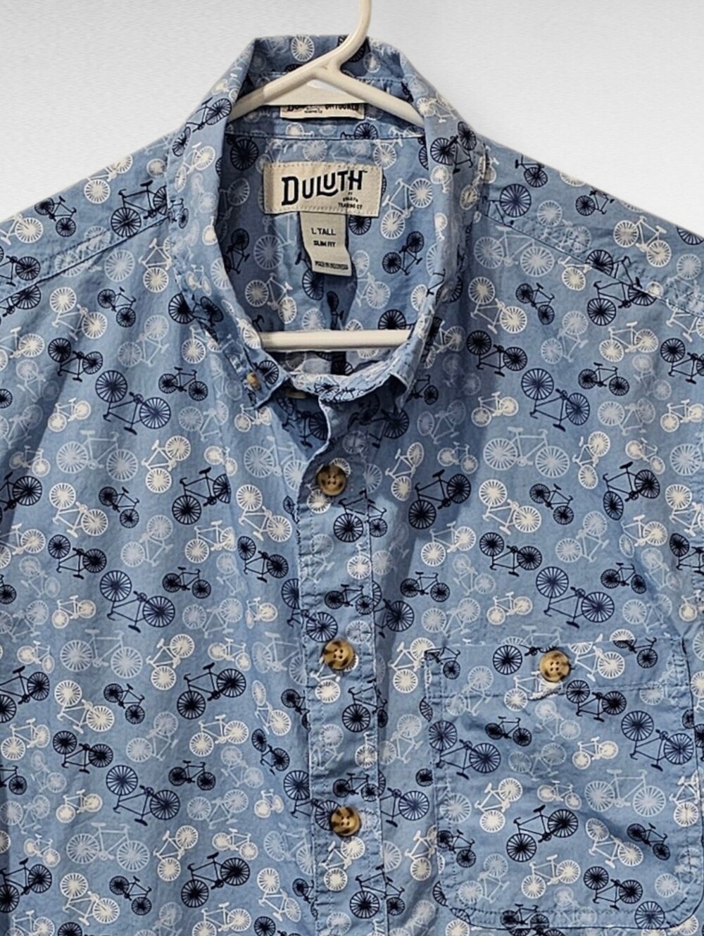 Duluth Trading Co Untucked Short Sleeve Blue Bicycle Print Shirt L Tall Slim Fit